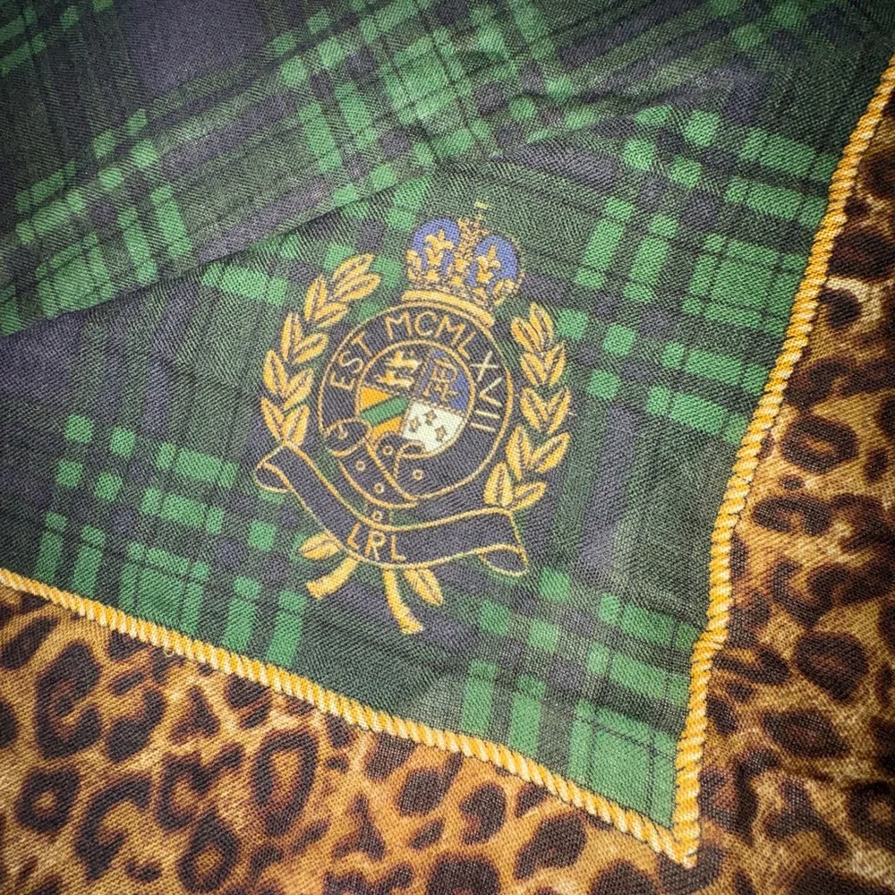 Ralph Lauren Green Plaid and Leopard Print Silk Scarf with Gold Crest